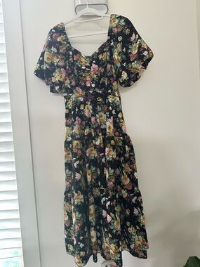 Floral Tiered Maxi Dress in Black with Pink & Cream Blooms (never worn)